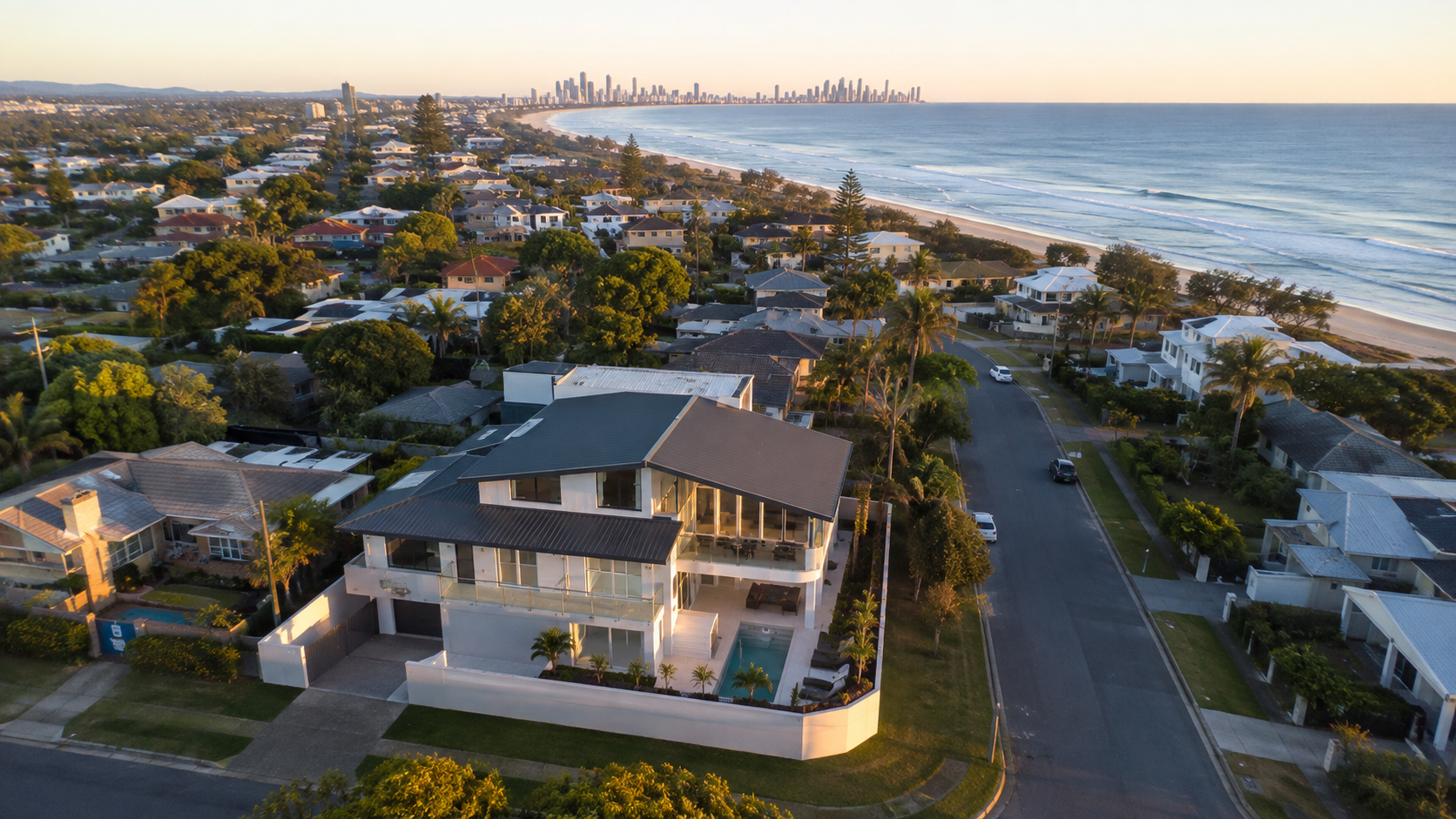 Illustrative oblique aerial view of a Gold Coast coastal property and surrounding neighbourhood