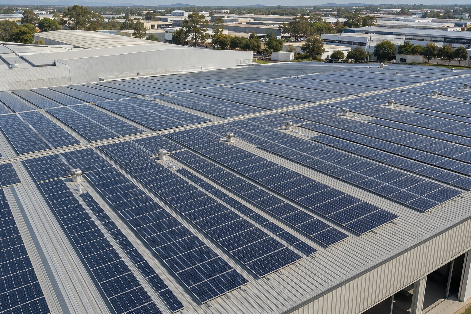 Representative aerial view of a commercial rooftop solar installation