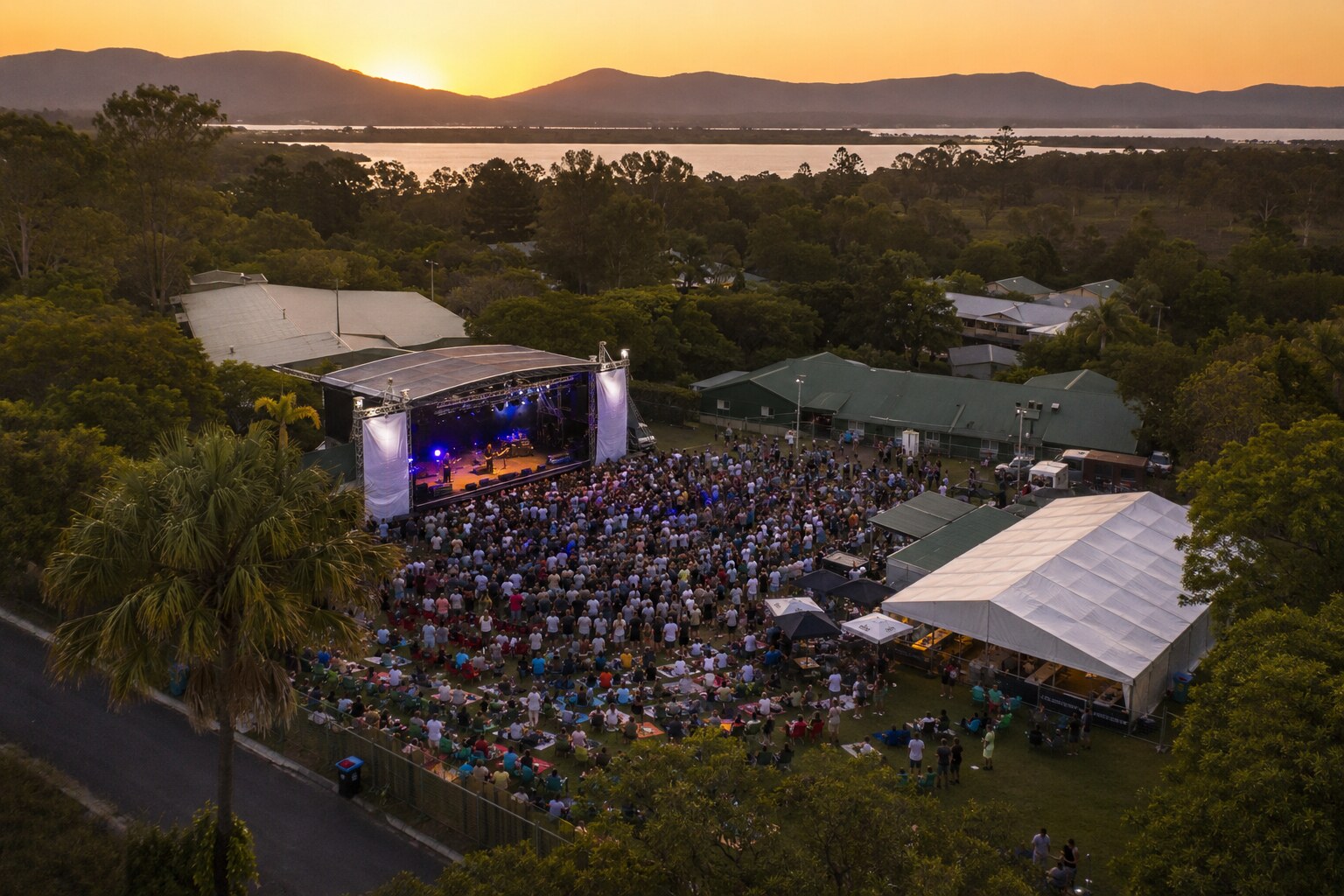 Representative aerial view of an outdoor live music event
